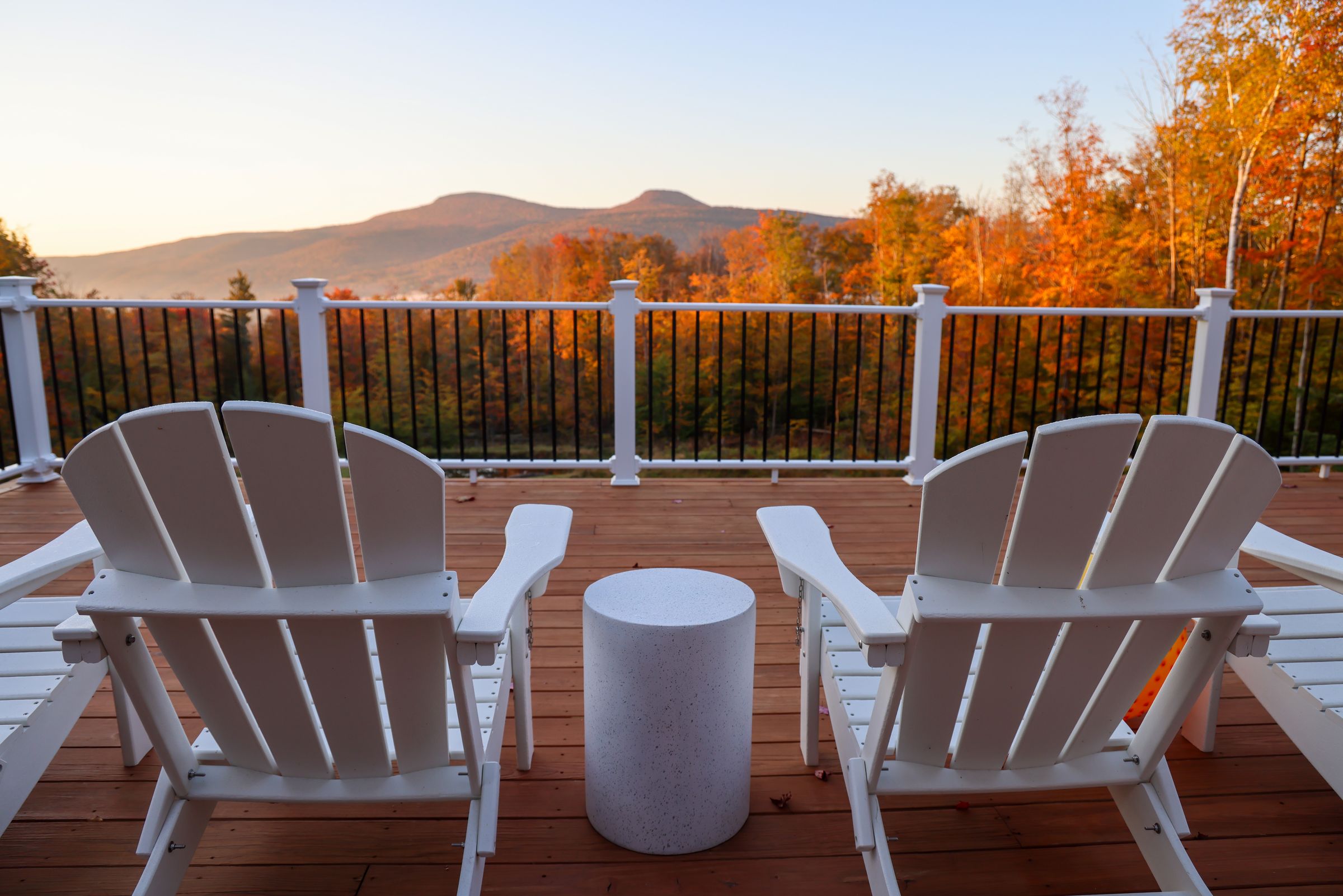 The deck at The View looking out over the Catskill ridgeline at sunset