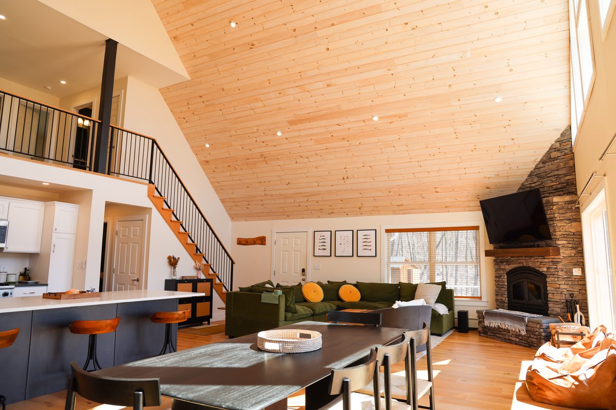 The great room at The View, with cathedral ceilings and a loft above